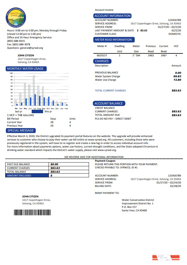 USA California Santa Ynez water utility bill template in Word and PDF format